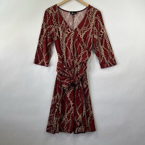 AB Studio Women’s Wrap Dress L Burgundy Gold Chain Print Tie Waist USA Made